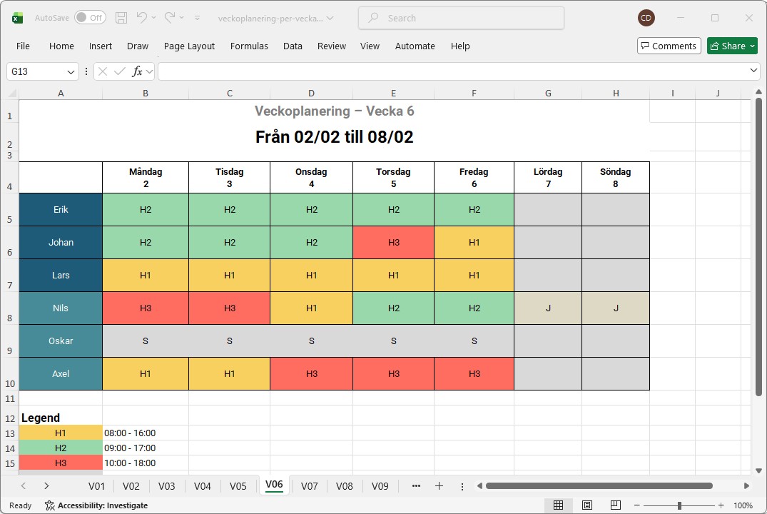 Exempel p� ett veckoschema i Excel