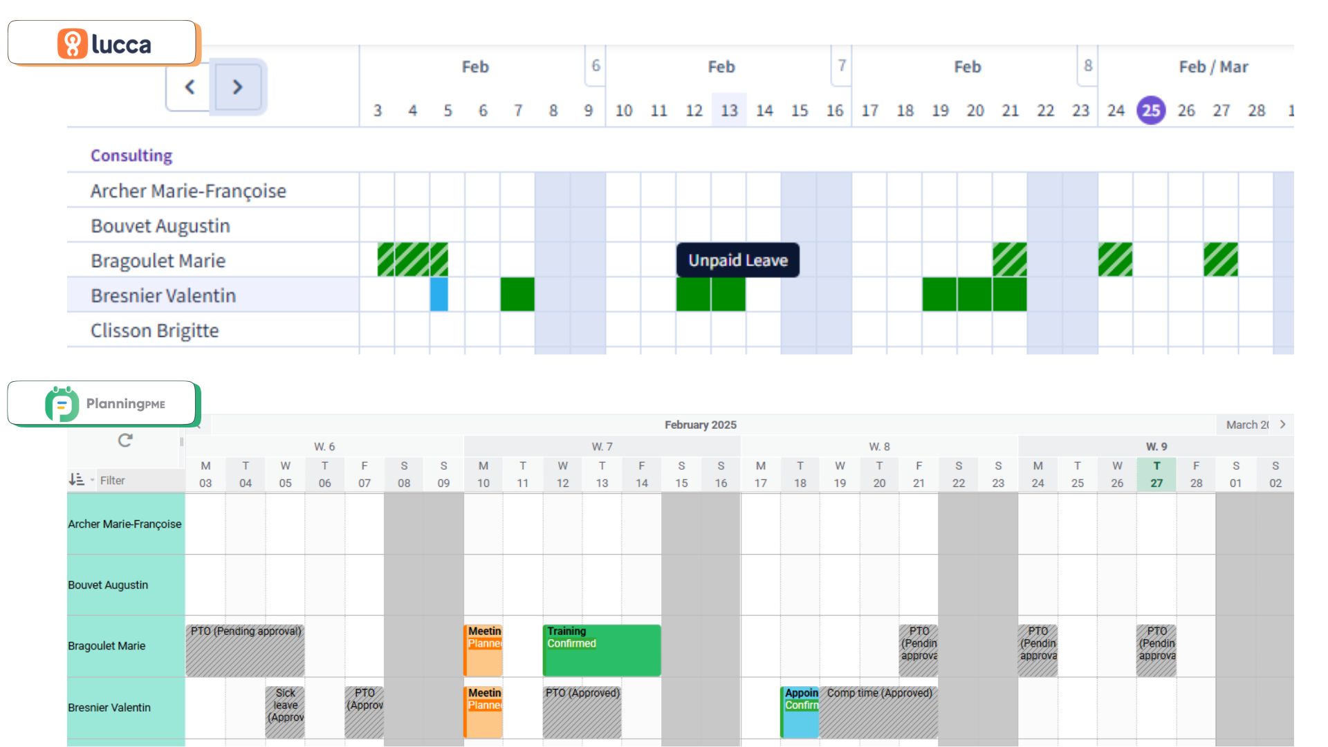  versikt ver ett schema i PlanningPME och Lucca